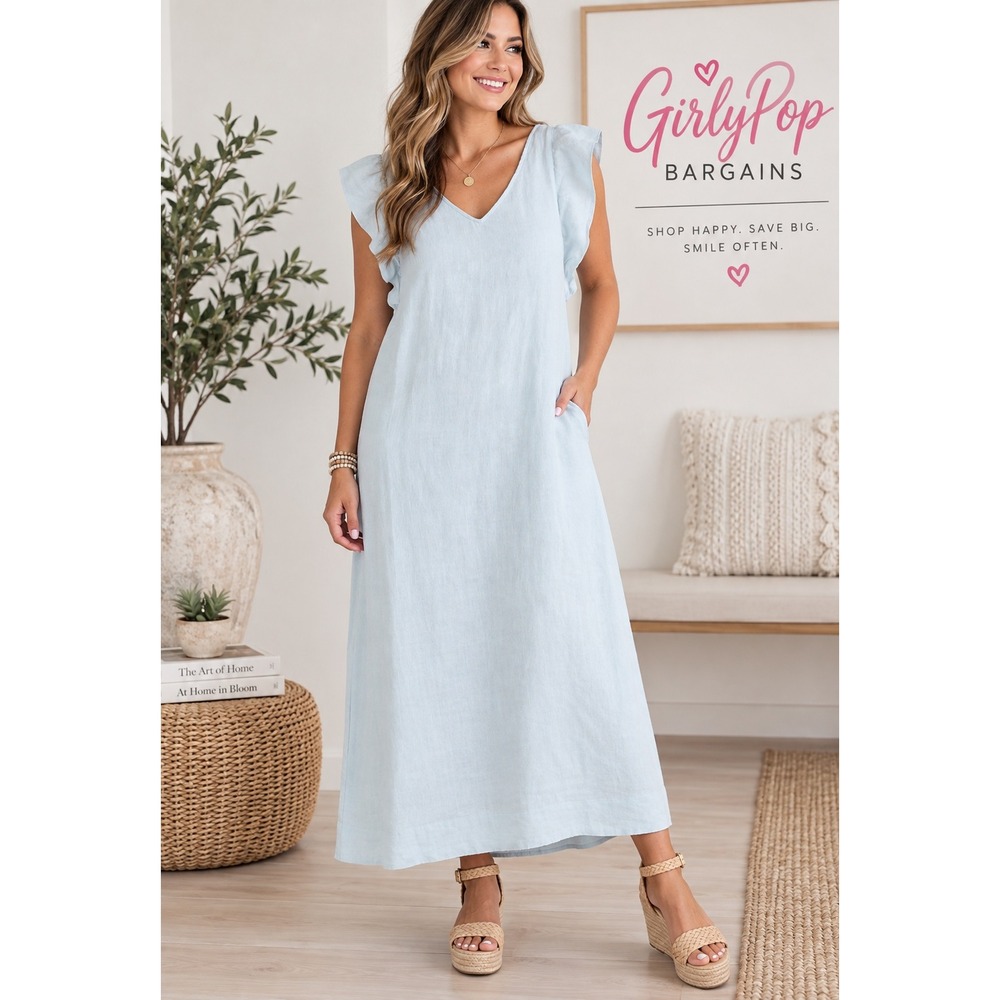 Brave and True Matilda Linen Sundress Light Blue Ruffle Sleeve Midi Dress L
